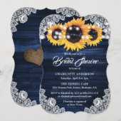 ネイビーブルーイエローサンフラワーウッドレースブライダルシャワー 招待状 (正面/裏面)