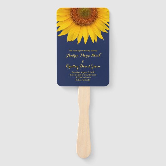 ネイビーブルーイエローサンフラワー結婚式 プログラムファン ハンドファン (正面)