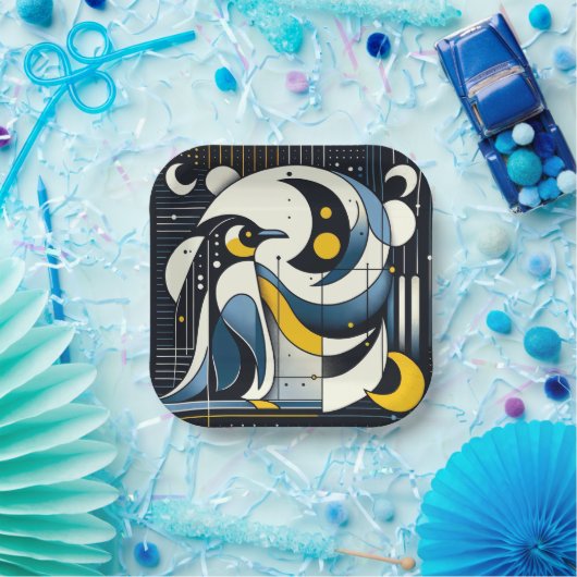 ネイビーブルーイエロージオメトリック抽象芸術ペンギンアート ペーパープレート (パーティー)