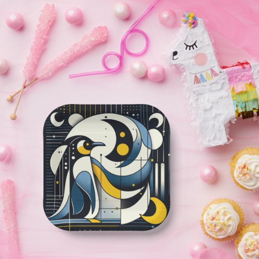 ネイビーブルーイエロージオメトリック抽象芸術ペンギンアート ペーパープレート (パーティー)