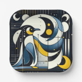 ネイビーブルーイエロージオメトリック抽象芸術ペンギンアート ペーパープレート (正面)
