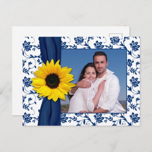 ネイビーブルーイエローダマスクサンフラワー日付を保存 案内ポストカード (正面/裏面)