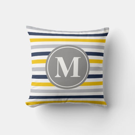 ネイビーブルーイエローパタストライプのーンモノグラム クッション (正面)