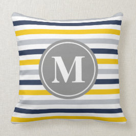 ネイビーブルーイエローパタストライプのーンモノグラム クッション