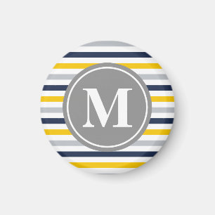 ネイビーブルーイエローパタストライプのーンモノグラム マグネット