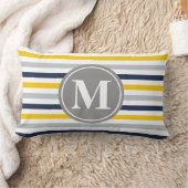 ネイビーブルーイエローパタストライプのーンモノグラム ランバークッション (ブランケット)