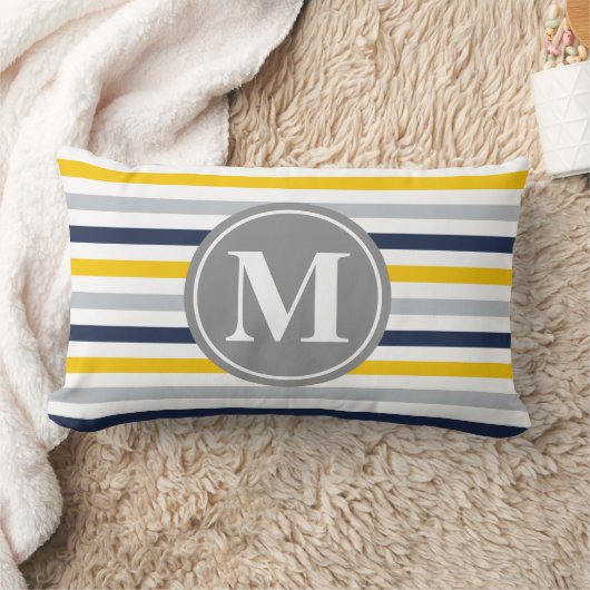 ネイビーブルーイエローパタストライプのーンモノグラム ランバークッション (ブランケット)