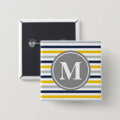 ネイビーブルーイエローパタストライプのーンモノグラム 缶バッジ (正面&裏面)