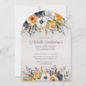 ネイビーブルーイエローフローラグリッター50誕生日 招待状 (正面)