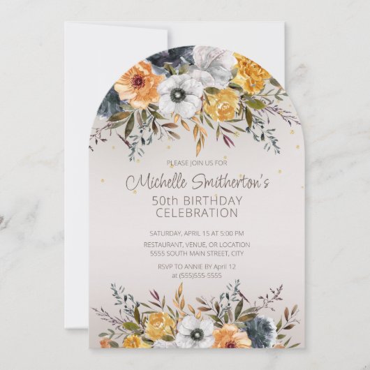 ネイビーブルーイエローフローラグリッター50誕生日 招待状 (正面)