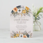 ネイビーブルーイエローフローラグリッター60th誕生日 招待状 (スタンド正面)