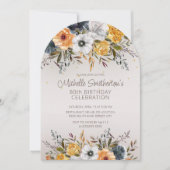 ネイビーブルーイエローフローラグリッター80th誕生日 招待状 (正面)