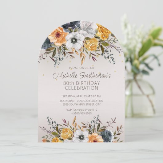 ネイビーブルーイエローフローラグリッター80th誕生日 招待状 (スタンド正面)