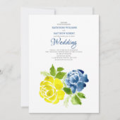 ネイビーブルーイエローフローラサマー結婚ズ 招待状 (正面)