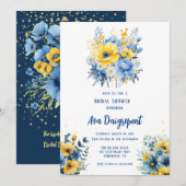 ネイビーブルーイエローフローラ金ゴールドブライダルシャワー 招待状 (正面/裏面)