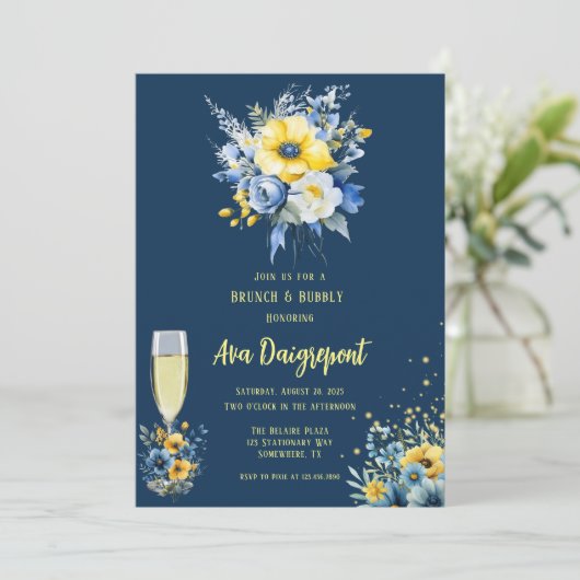 ネイビーブルーイエローフローラ金ゴールドブランチ&バブリー 招待状 (スタンド正面)