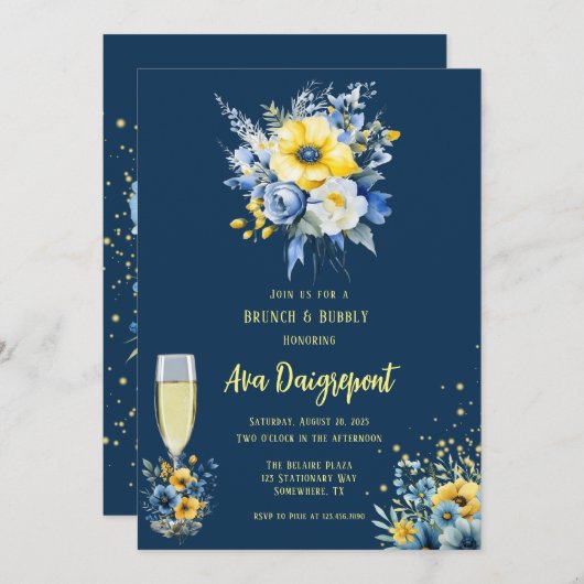 ネイビーブルーイエローフローラ金ゴールドブランチ&バブリー 招待状 (正面/裏面)