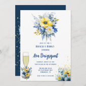 ネイビーブルーイエローフローラ金ゴールドブランチ&バブリー 招待状 (正面/裏面)
