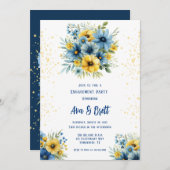 ネイビーブルーイエローフローラ金ゴールド婚約パーティ 招待状 (正面/裏面)