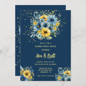 ネイビーブルーイエローフローラ金ゴールド結婚のカップルのシャワー 招待状 (正面/裏面)