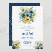 ネイビーブルーイエローフローラ金ゴールド結婚のカップルのシャワー 招待状 (正面/裏面)