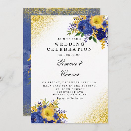 ネイビーブルーイエローフローラ金ゴールド結婚グリッター 招待状 (正面/裏面)