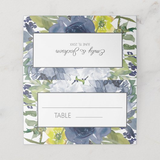 ネイビーブルーイエローホワイトウォーター色のフローラ結婚ズ プレイスカード (外部開封)