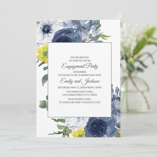 ネイビーブルーイエローホワイトフローラ婚約 招待状 (スタンド正面)