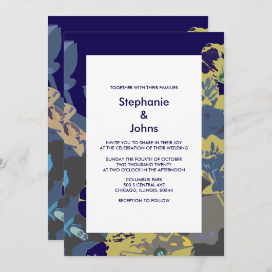 ネイビーブルーイエローワイルドフラワーズモダンフローラ2025 招待状 (正面/裏面)