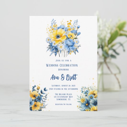 ネイビーブルーイエロー色彩の鮮やかフローラ金ゴールド結婚の 招待状 (スタンド正面)