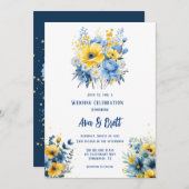 ネイビーブルーイエロー色彩の鮮やかフローラ金ゴールド結婚の 招待状 (正面/裏面)