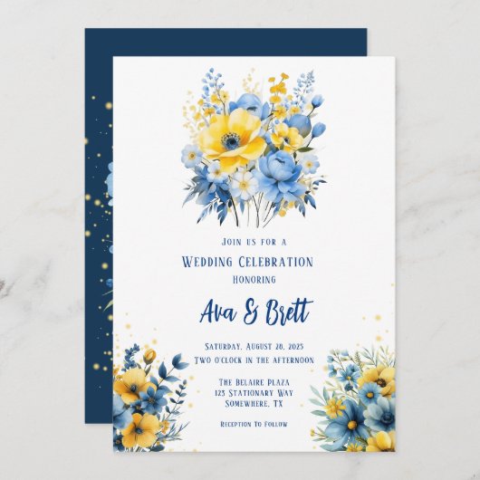 ネイビーブルーイエロー色彩の鮮やかフローラ金ゴールド結婚の 招待状 (正面/裏面)