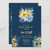 ネイビーブルーイエロー色彩の鮮やかフローラ金ゴールド結婚の 招待状 (正面/裏面)