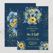 ネイビーブルーイエロー花モチーフゴールドエンゲージメントパーティー 招待状 (正面/裏面)