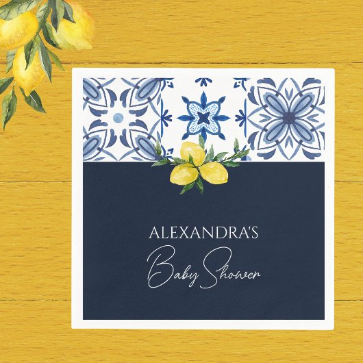 ネイビーブルーイタリアンイエローレモンベビーシャワー スタンダードカクテルナプキン
