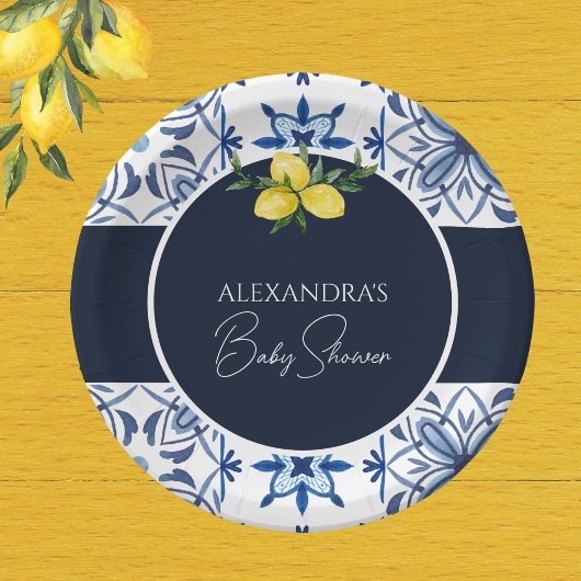 ネイビーブルーイタリアンイエローレモンベビーシャワー ペーパープレート