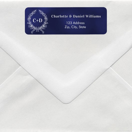 ネイビーブルーイニシャル結婚リース差出人住所 ラベル
