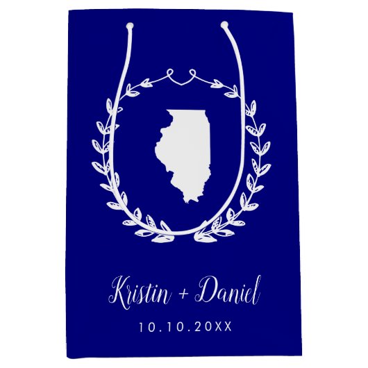 ネイビーブルーイリノイ結婚ス地図の歓迎スワッグ ミディアムペーパーバッグ (正面)