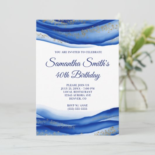 ネイビーブルーインク金ゴールドフレークGeode 40th誕生日 招待状 (スタンド正面)