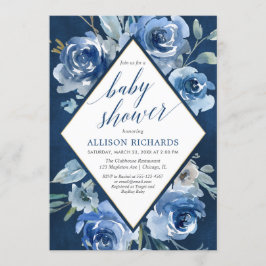 ネイビーブルーインジゴ水彩フローラボーイシャワー 招待状