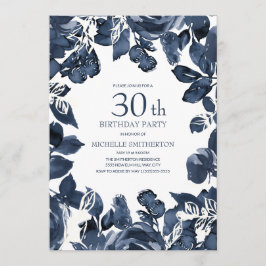 ネイビーブルーインディゴの葉30歳の誕生日 招待状