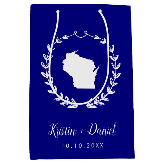 ネイビーブルーウィスコンシン結婚ズ地図の歓迎スワッグ ミディアムペーパーバッグ (正面)