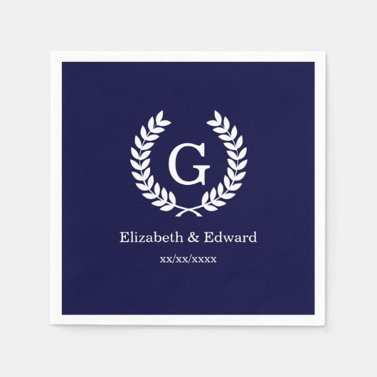 ネイビーブルーウィットウィートローレルリースイニシャルモノグラム スタンダードカクテルナプキン (正面)