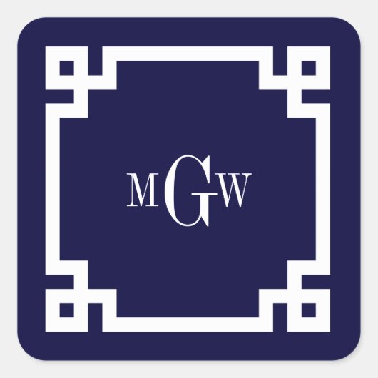 ネイビーブルーウィットギリシャ語鍵#2フレーム3 Init Monogram スクエアシール (正面)