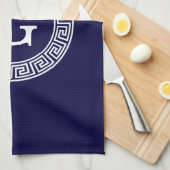 ネイビーブルーウィットギリシャ鍵ランフレームイニシャルモノグラム キッチンタオル (四つ折り)
