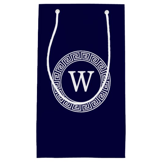 ネイビーブルーウィットギリシャ鍵ランフレームイニシャルモノグラム スモールペーパーバッグ (正面)