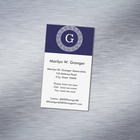 ネイビーブルーウィットギリシャ鍵ランフレームイニシャルモノグラム マグネット名刺 (インサイチュ)