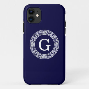 ネイビーブルーウィットギリシャ鍵ランフレームイニシャルモノグラム iPhone 11 ケース