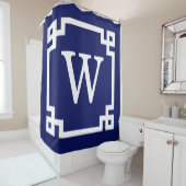 ネイビーブルーウィットギリシャ鍵#2フレームイニシャルモノグラム シャワーカーテン (インサイチュ)