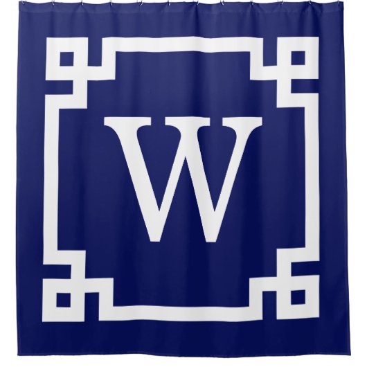ネイビーブルーウィットギリシャ鍵#2フレームイニシャルモノグラム シャワーカーテン (正面)